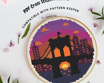 NYC Sunset Stitch Pattern, New York City Embroidery Pattern, USA Cross Stitch, Sunset Cross Stitch Travel, Travel Gift, Purple Sunset