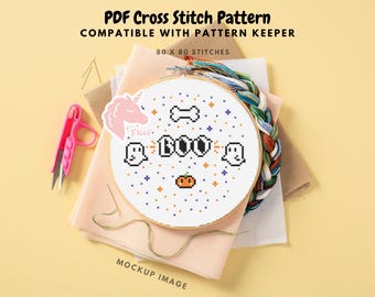 Halloween Cross Stitch Pattern, Cute Ghost, Pumpkin Halloween Cross Stitch, PDF Pattern, Instant Download, DIY Decor
