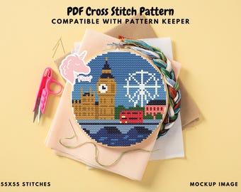 London City Cross Stitch Pattern, Big Ben, London Eye & Red Bus, Travel Cross Stitch Pattern, Modern Cross Stitch, Travel Gift