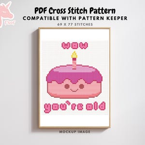 Pode incluir: Um padrão de ponto cruz com um bolo rosa e branco com uma vela acesa e o texto "Wow you're old". O padrão é de 69 x 77 pontos e é compatível com o Pattern Keeper.