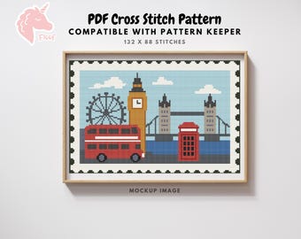 London Stamp Cross Stitch Pattern, Big Ben, London Eye & Red Bus, Travel Cross Stitch Pattern, Modern Cross Stitch, Travel Gift