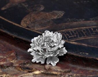 Sterling Silver Peony Flower Pendant Brooch, Convertible Flora Jewelry