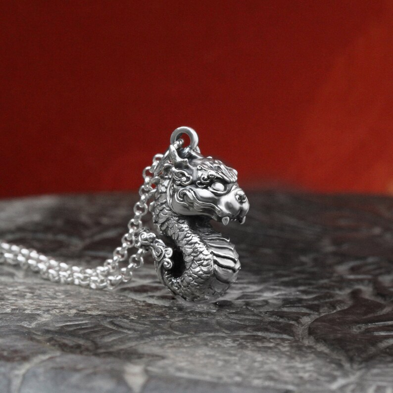 May include: A silver dragon pendant necklace. The dragon is detailed with scales and has a curled tail. The necklace is made of a silver chain.