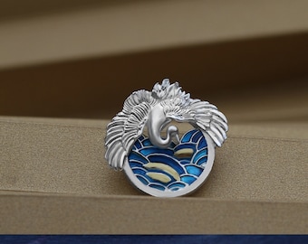Sterling Silver Crane Pendant: Blue Enamel Ocean Necklace