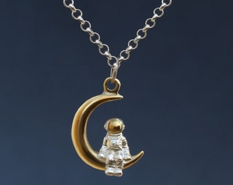 Sterling Silver Astronaut Moon Pendant: 24K Gold Plated Lunar Necklace