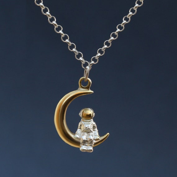 Sterling Silver Astronaut Moon Pendant: 24K Gold Plated Lunar Necklace