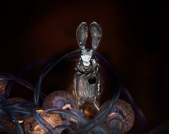 Oxidized Sterling Silver Rabbit Pendant Necklace, Symbolic Bunny Sculpture