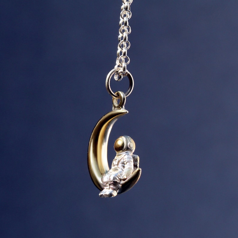 Sterling Silver Astronaut Moon Pendant: 24K Gold Plated Lunar Necklace image 2