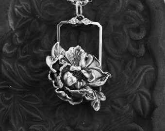 Vintage Peony Sterling Silver Pendant: Embossed Floral Necklace