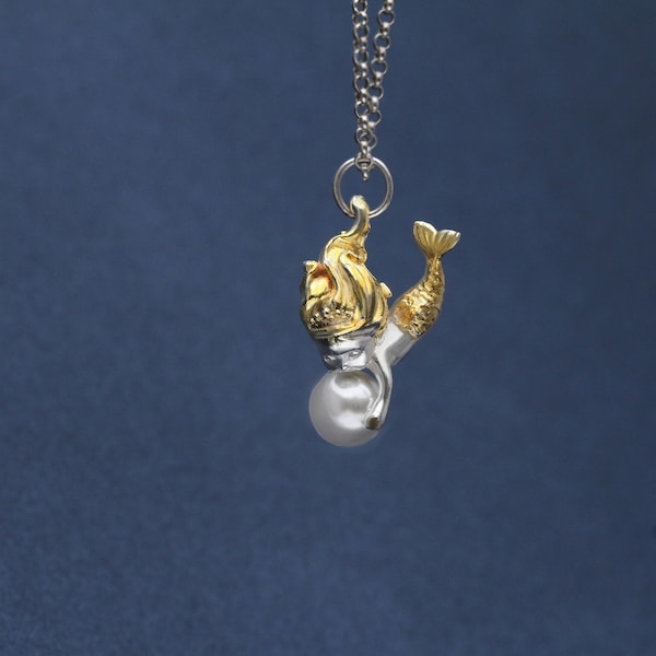s925 sterling silver gold-plated pearl mermaid pendant fairy tale mermaid sterling silver necklace women's necklace gift dream mermaid