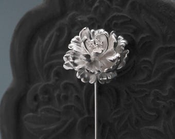 Handmade Silver Peony Brooch: S999 Fine Silver Floral Pin