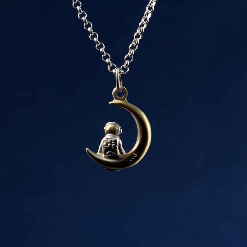 Sterling Silver Astronaut Moon Pendant: 24K Gold Plated Lunar Necklace image 7