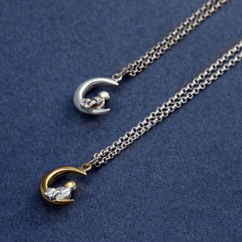 Sterling Silver Astronaut Moon Pendant: 24K Gold Plated Lunar Necklace image 5