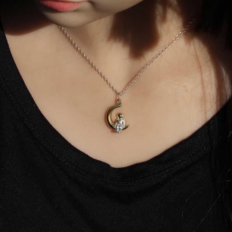Sterling Silver Astronaut Moon Pendant: 24K Gold Plated Lunar Necklace image 4