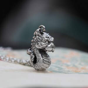 May include: A silver dragon pendant with intricate details, featuring a curled tail and a fierce expression. The pendant is made of metal and has a shiny finish.