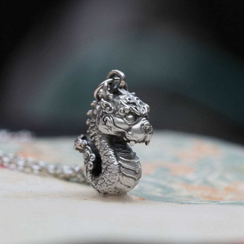 May include: A silver dragon pendant with intricate details, featuring a curled tail and a fierce expression. The pendant is made of metal and has a shiny finish.
