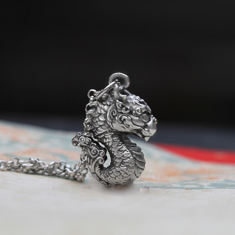 May include: A silver dragon pendant necklace with intricate details. The dragon is curled up with its head facing forward. The necklace is made of a silver chain.