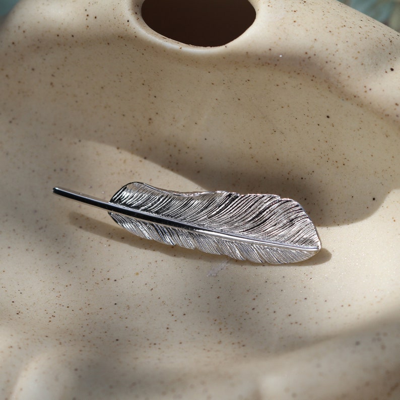 May include: A silver feather-shaped hair clip.