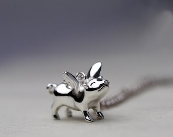 Sterling Silver Angel Piggy Pendant, Cute Animal Necklace