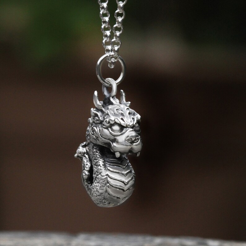 May include: A silver dragon pendant necklace with a detailed design. The dragon is curled up with its head facing forward. The necklace is on a silver chain.