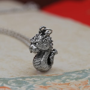 May include: A silver dragon pendant necklace. The dragon is curled up with its head facing forward. The pendant is detailed with scales and a textured surface.