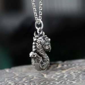 May include: Silver pendant necklace featuring a detailed dragon design. The dragon is depicted with scales and intricate details, making it a unique and eye-catching piece of jewelry.