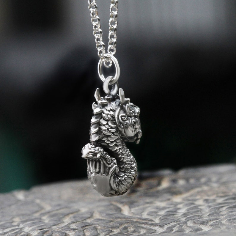 May include: Silver pendant necklace featuring a detailed dragon design. The dragon is depicted with scales and intricate details, making it a unique and eye-catching piece of jewelry.