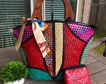 Handmade Multicolored Woven Beach Tote Bag