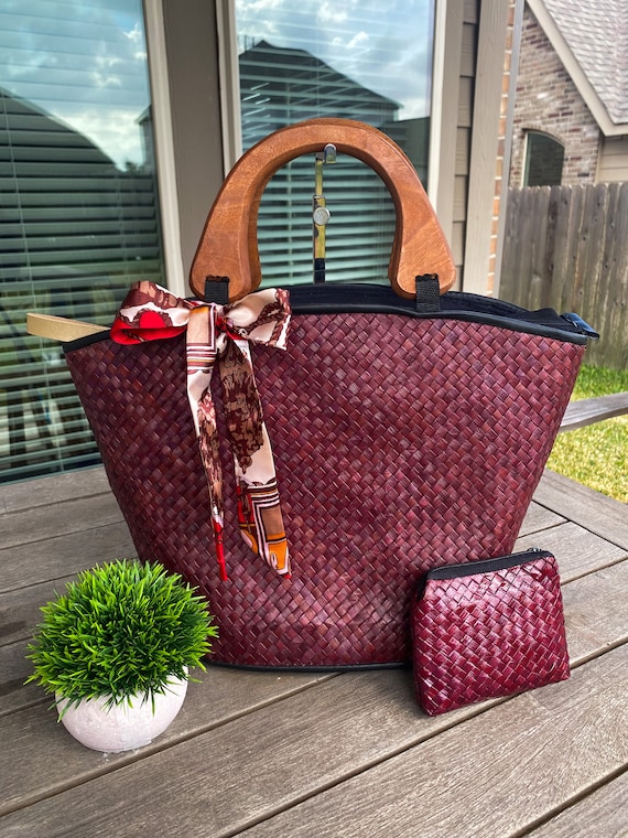 Handmade Colored burgundy Yellow Pink Woven Beach Tote Bag Etsy Canada