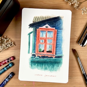 Ansichtkaart "Red Window", geïllustreerde kaart met envelop, premium ansichtkaart, mini-kunstprint