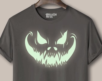 Mens or Ladies Glow In the Dark Scary Pumpkin Face Halloween T-Shirt sizes S-3XL or 6-18