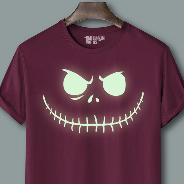 Mens or Ladies Glow In the Dark Pumpkin Jack Face Halloween T-Shirt sizes S-XXL or 6-18