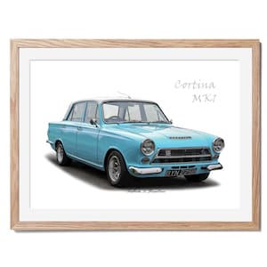 Może przedstawiać: Ramka z rysunkiem jasnoniebieskiego Forda Cortina MK1 z białym dachem. Samochód ma czarne tablice rejestracyjne z napisem "BYN 2258". Rysunek jest podpisany przez "Fredericka H. Stantona".