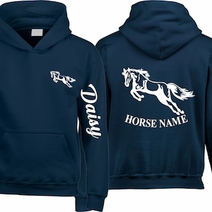 Personalised Horse Hoodie, Equestrian Sleeve Name & Back Horse Name, Rider Pony Jockey, Men Women Kids Christmas Gift Children Unisex Jumper