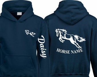 Personalisierter Pferd Hoodie, Reiterärmelname & Rückenname, Reiter Pony Jockey, Herren Damen Kinder Weihnachtsgeschenk Kinder Unisex Pullover