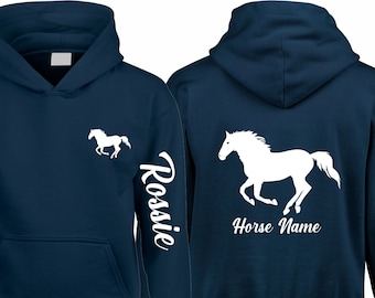 Personalised Horse Hoodie, Equestrian Sleeve Name, Back Horses Name, Rider Pony Cob, Men Women Kids Jumper Christmas Gift Children Pullover