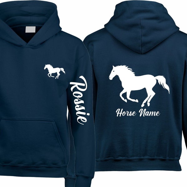 Personalised Horse Hoodie, Equestrian Sleeve Name, Back Horses Name, Rider Pony Cob, Men Women Kids Jumper Christmas Gift Children Pullover