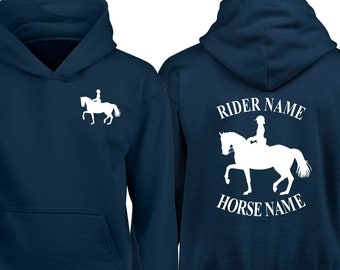 Sweat à capuche cheval personnalisé dressage équestre cadeau d'anniversaire garçons filles poney cob cavalier unisexe cadeau de Noël - poitrine gauche et impression dans le dos