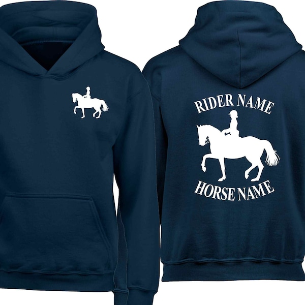 Personalised Horse Hoodie Equestrian Dressage Birthday Gift Boys Girls Pony Cob Rider Unisex Jumper Christmas Gift-Left Chest and Back Print
