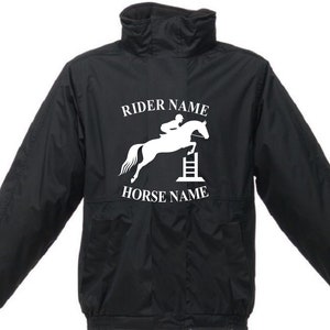 May include: Black jacket with a white silhouette of a rider jumping a horse with the text "Rider Name" and "Horse Name" on the front.