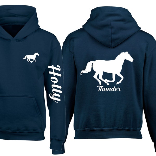 Personalised Horse Hoodie Equestrian Jockey Left Chest Pony Back Horse Name Arm Rider Name Riding Men Women Kids Hoody Christmas Present Top