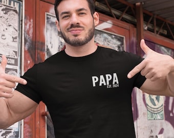 Personalised T-shirt PAPA Est. 2024 Left Chest Print Papa Birthday Best Daddy Grandpa Love Funny Birthday Fathers Day or Christmas Gift Top