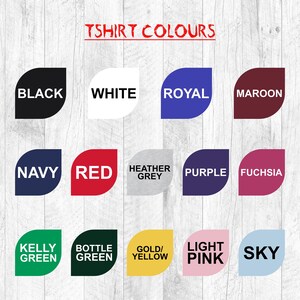 May include: A chart of t-shirt colors with the text "TSHIRT COLOURS" at the top. The colors include black, white, royal blue, maroon, navy blue, red, heather grey, purple, fuchsia, kelly green, bottle green, gold/yellow, light pink, and sky blue.