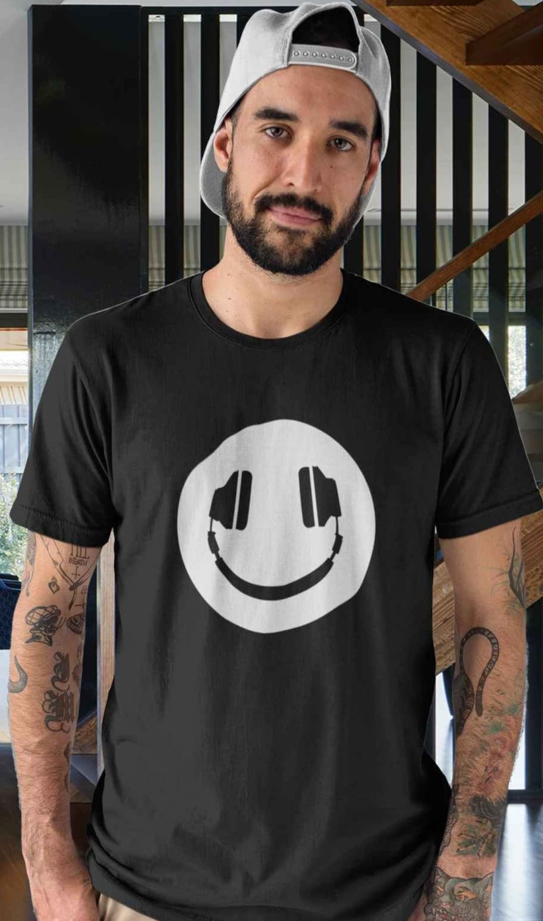 DJ Headphones Tshirt Funny Men's Tshirt Headphone Smiling Music Rave