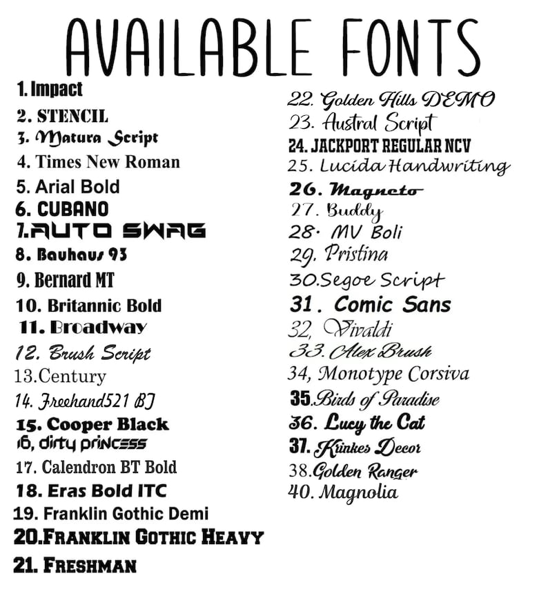 K&ouml;nnte beinhalten: Eine Liste von 40 Schriftarten, darunter Impact, Arial Bold und Comic Sans, in schwarzer Schrift auf wei&szlig;em Hintergrund dargestellt. Der Titel "AVAILABLE FONTS" steht oben. Jede Schriftart ist zur einfachen Referenz nummeriert.