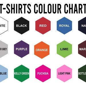 K&ouml;nnte beinhalten: Eine Farbkarte f&uuml;r T-Shirts mit einer Vielzahl von Farben in sechseckigen Formen. Zu den Farben geh&ouml;ren Wei&szlig;, Schwarz, Rot, K&ouml;nigsblau, Marineblau, Heather Grey, Lila, Orange, Limettengr&uuml;n, Kastanienbraun, Himmelblau, Kelly Green, Fuchsia, Hellrosa und Flaschengr&uuml;n.