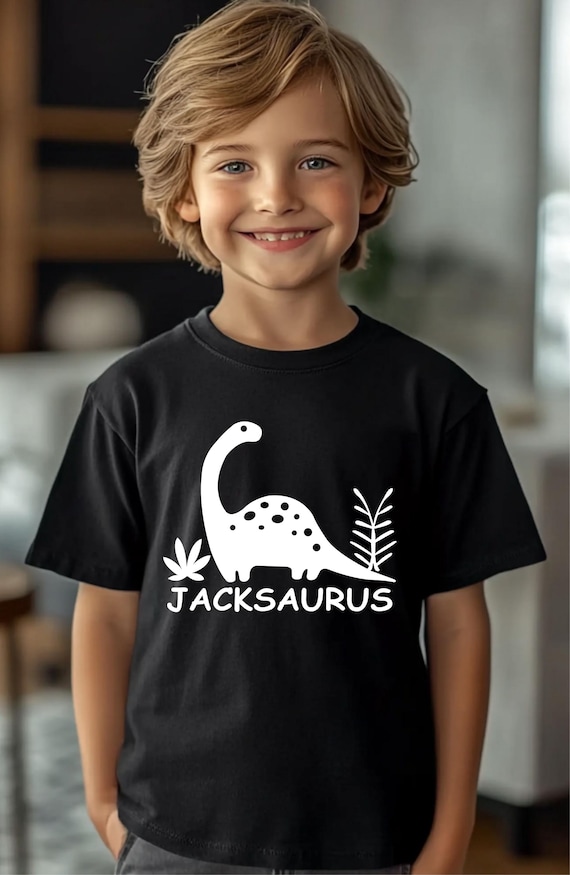 Personalised Dinosaur T-shirt Jacksaurus Custom Name Saurus Shirt Cartoon Kids Birthday Gift Present