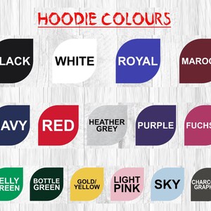 Puede incluir: Una carta de colores titulada HOODIE COLOURS que muestra quince muestras en forma de hoja etiquetadas con los nombres de los colores: black, white, royal, maroon, navy, red, heather grey, purple, fuchsia, kelly green, bottle green, gold/yellow, light pink, sky y charcoal/graphite.