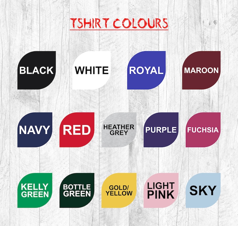 Puede incluir: Una carta de colores para camisetas, con una variedad de tonos. La carta incluye colores como negro, blanco, azul real, granate, azul marino, rojo, gris jaspeado, morado, fucsia, verde Kelly, verde botella, oro/amarillo, rosa claro y celeste.