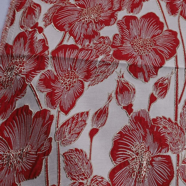 Red poppy flower jacquard fabric for dress making 55 inch wide - sold by the yard